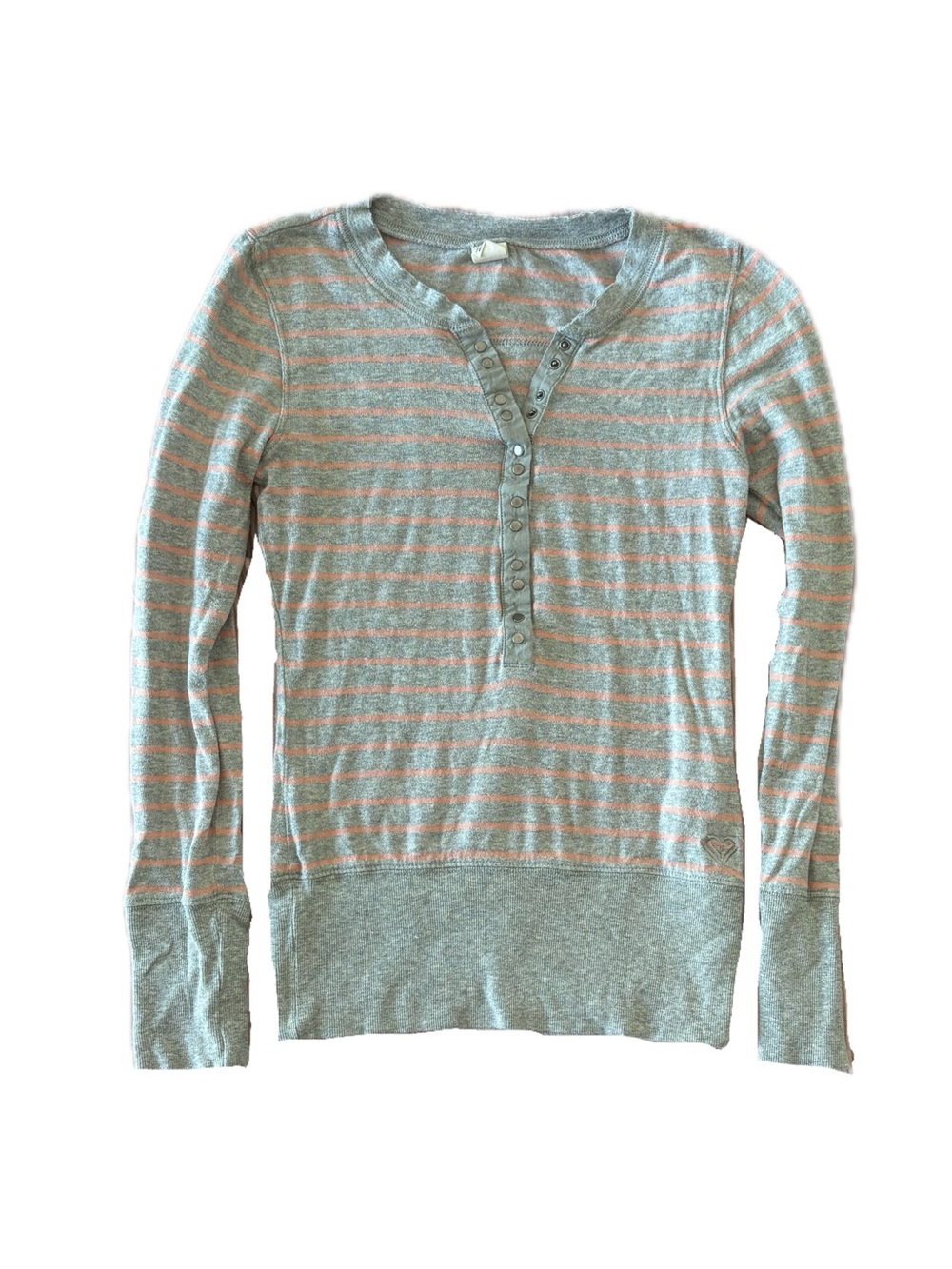 Y2k Roxy Striped Long-Sleeve Henley Sweater in Light Gray and Pink